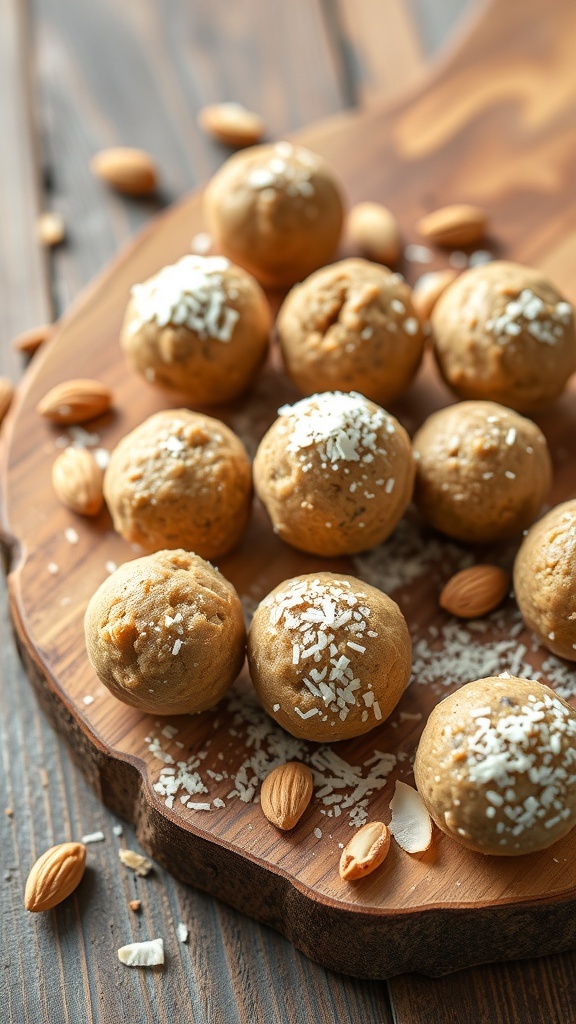 A plate of almond butter energy balls sprinkled with coconut flakes and surrounded by almonds.