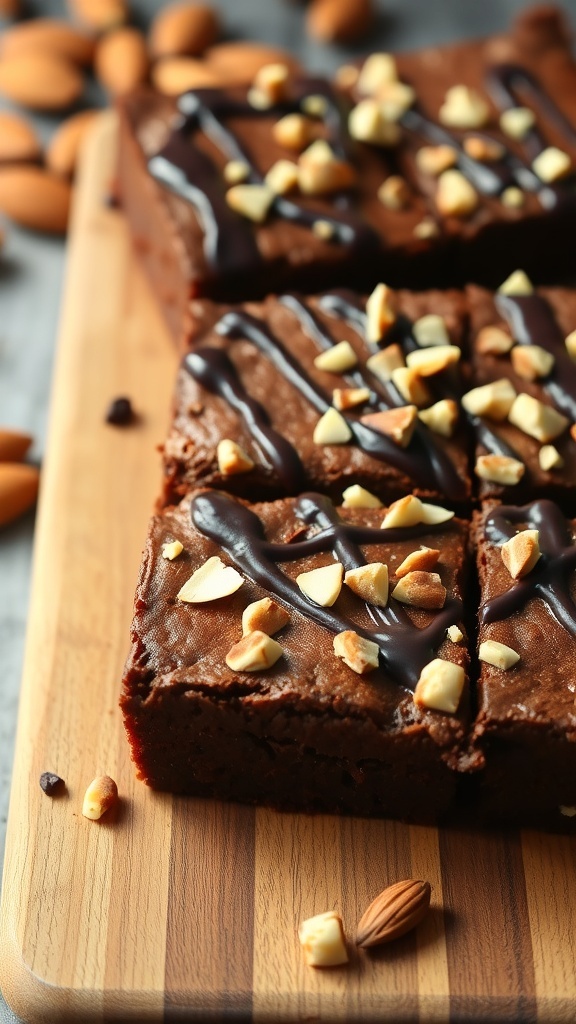 Delicious almond flour brownies topped with chopped almonds and chocolate drizzle on a wooden board.