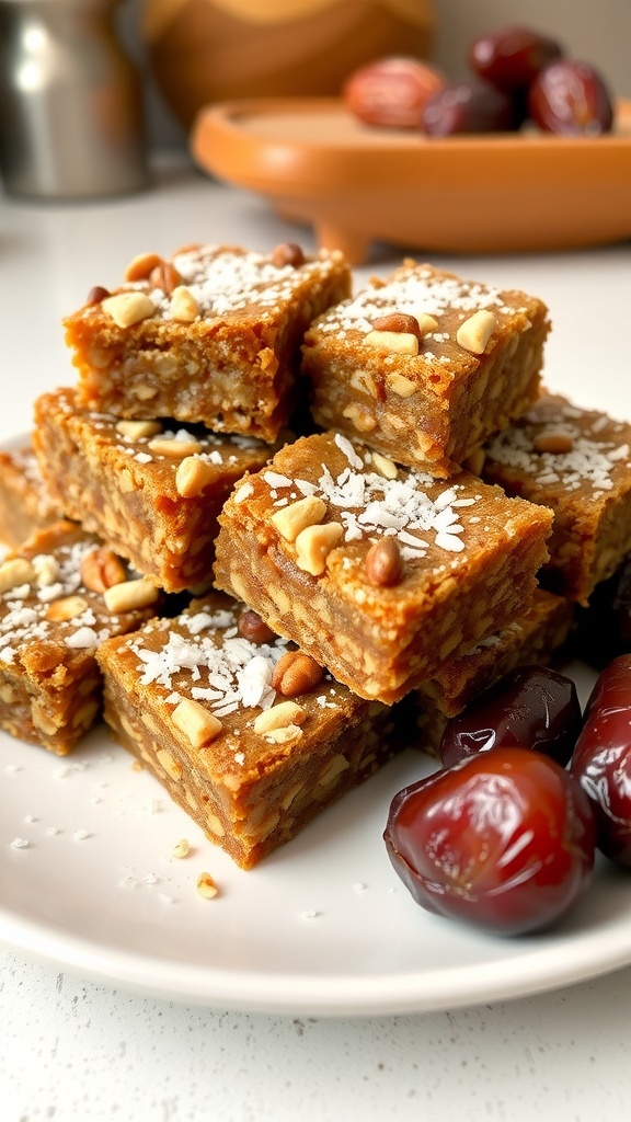 Nutty and sweet date bars stacked on a plate with dates beside them.