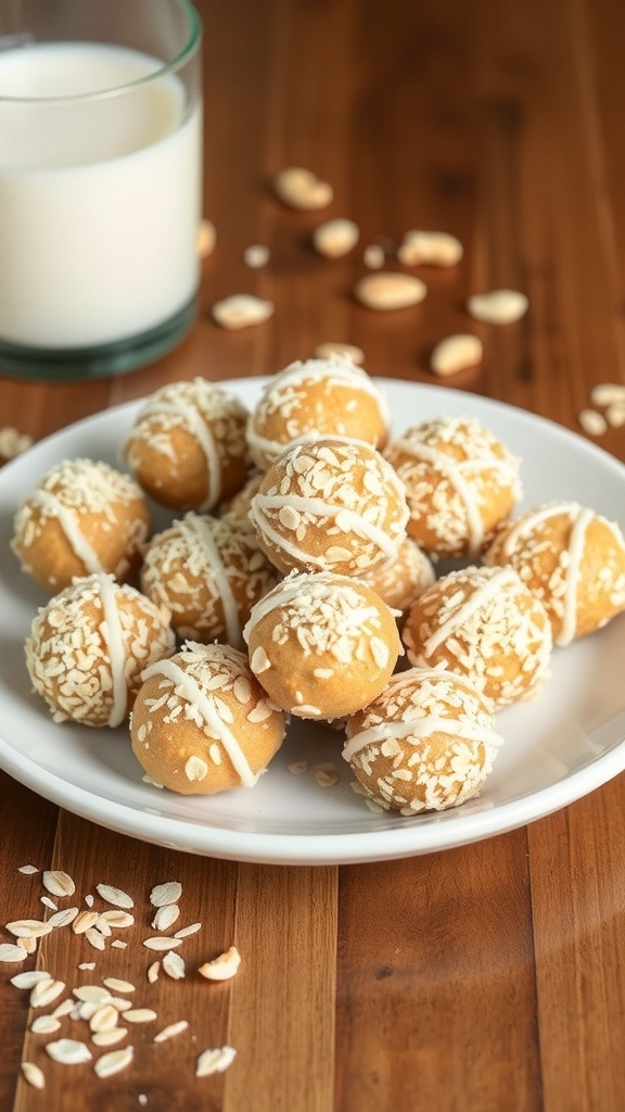 A plate of peanut butter energy bites, rolled in oats and drizzled with white chocolate, with a glass of milk in the background.