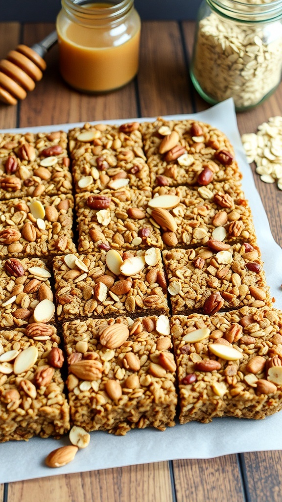 Maple almond granola bars cut into squares with nuts on top, jars of honey and oats in the background.