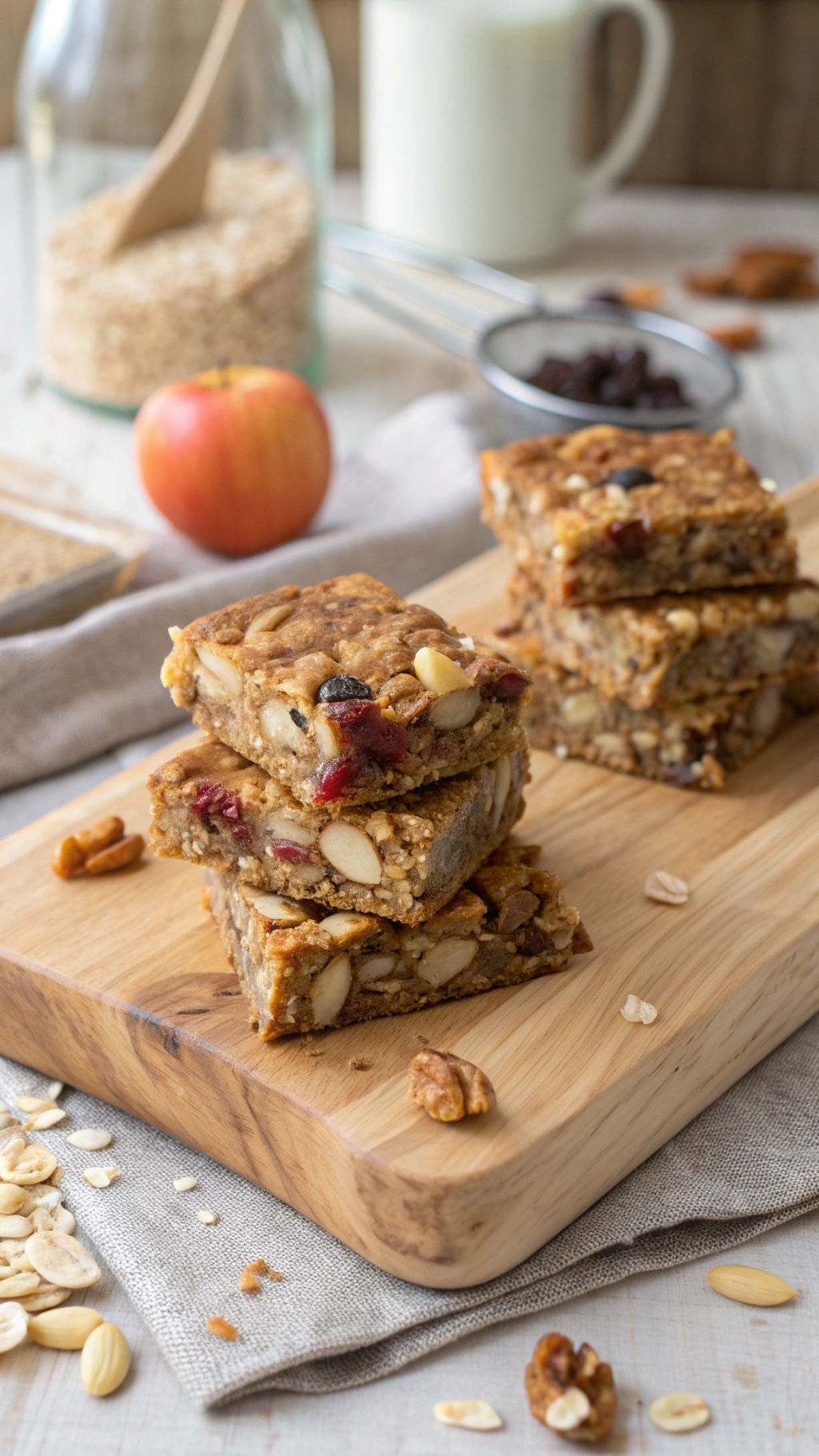 Nutty apple and oat energy bars stacked on a wooden board with fresh apples and oats in the background.