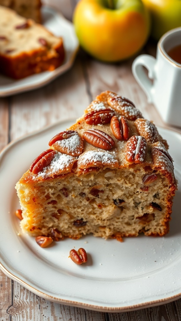 A slice of nutty apple and pecan cake on a plate, with apples and a cup of tea in the background.
