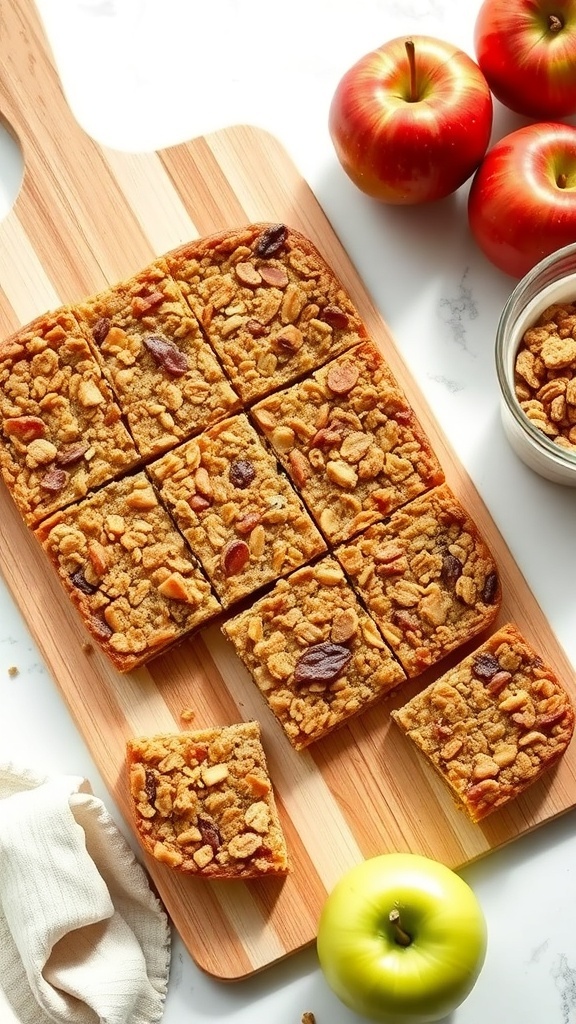 Nutty apple granola bars on a wooden cutting board with fresh apples.