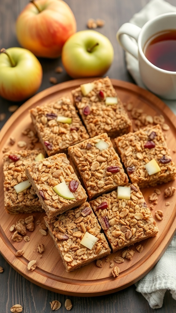 Nutty apple granola bars on a wooden plate with fresh apples and a cup of tea