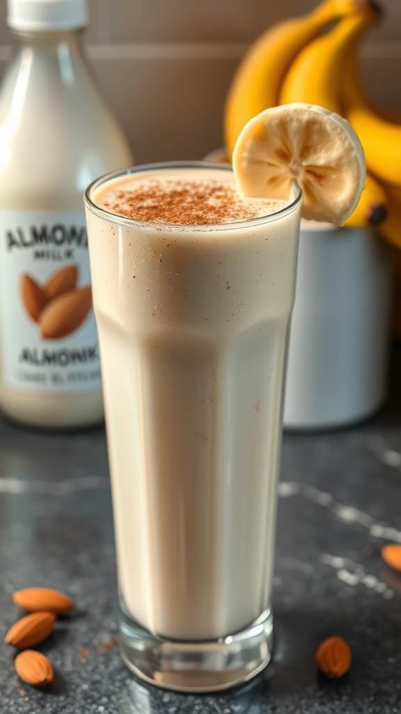 A glass of Nutty Banana Almond Smoothie with a banana slice on the rim.