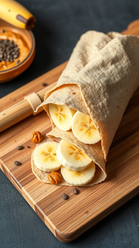 A banana and peanut butter wrap on a wooden cutting board, with banana slices and peanut butter in the background.