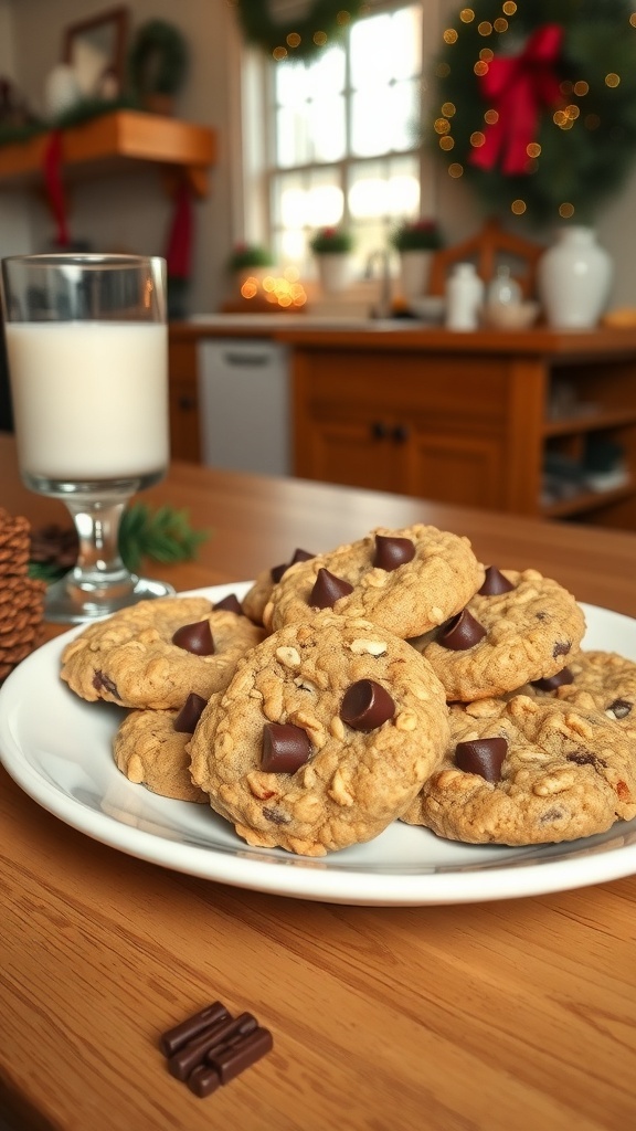 A plate of nutty banana oatmeal cookies with chocolate chips, next to a glass of milk in a cozy kitchen setting decorated for the holidays.