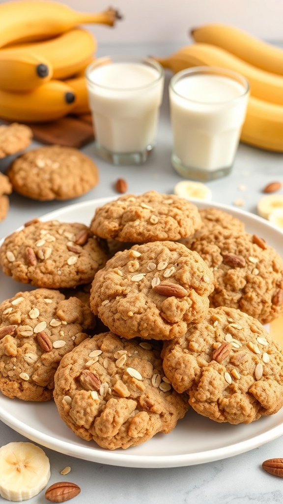 Nutty banana oatmeal cookies on a plate with fresh bananas and glasses of milk in the background.