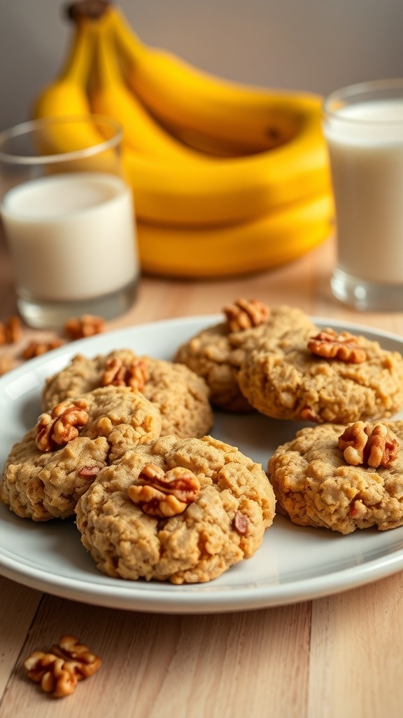 Nutty Banana Oatmeal Cookies on a plate with bananas and milk in the background