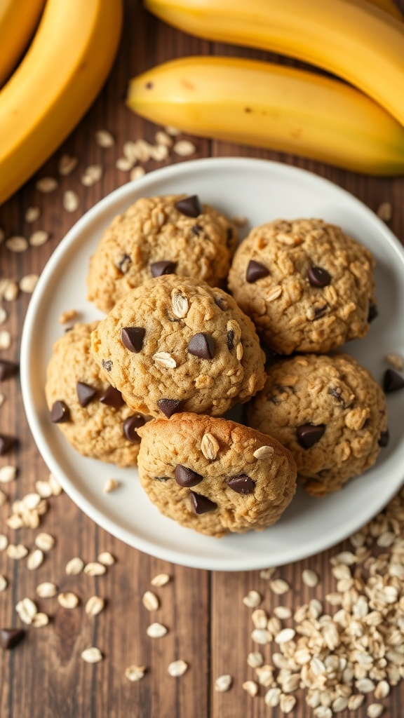 A plate of nutty banana oatmeal cookies with fresh bananas and oats in the background.