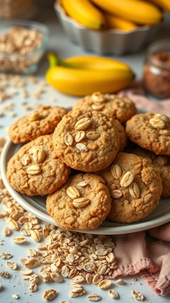 A plate of nutty banana oatmeal cookies with scattered oats and fresh bananas in the background.