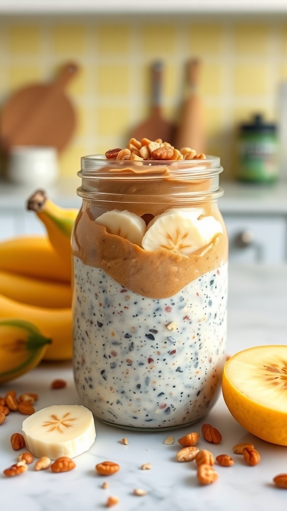 A jar of Nutty Banana Overnight Oats with banana slices and nuts on top