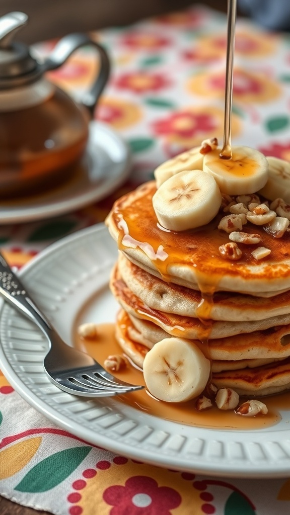 A stack of fluffy banana pancakes topped with banana slices and syrup.
