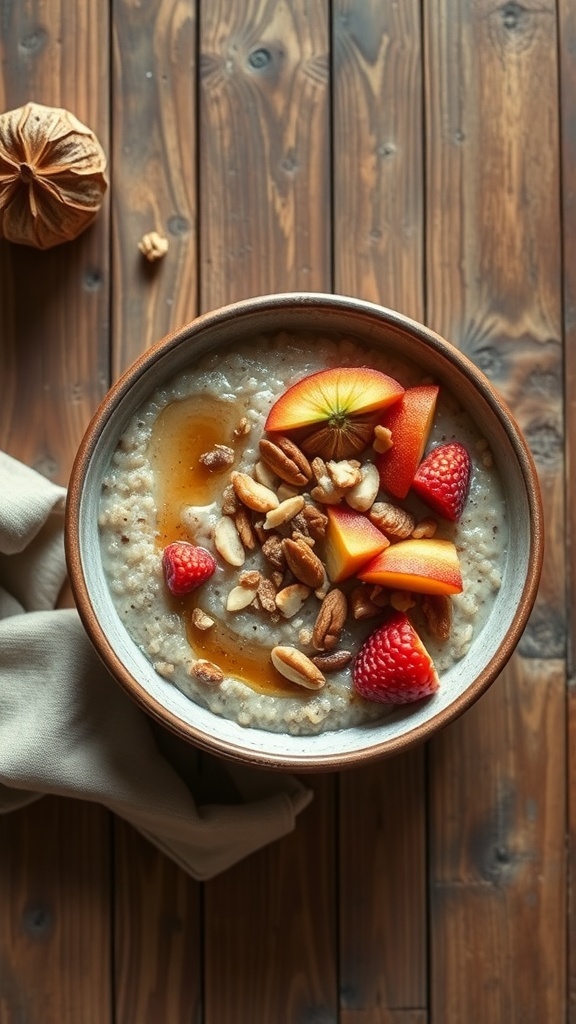 A bowl of nutty buckwheat porridge topped with fresh fruit and nuts on a wooden table.
