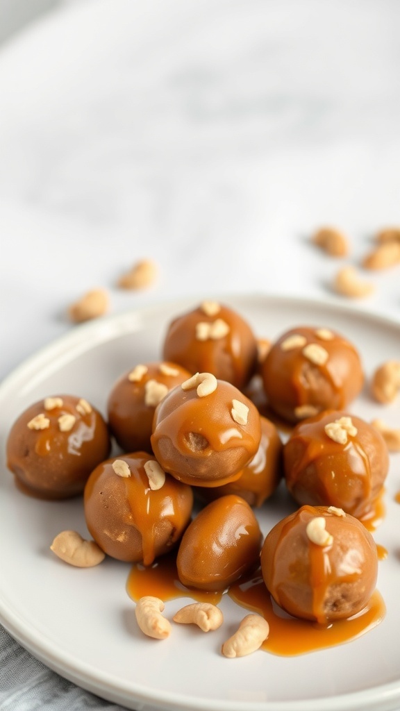 A plate of Nutty Cashew Caramel Bites drizzled with caramel and topped with chopped cashews.
