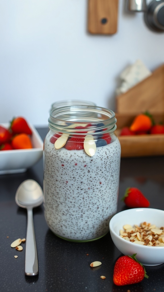 A jar of chia seed pudding topped with strawberries and almonds, with a spoon beside it.