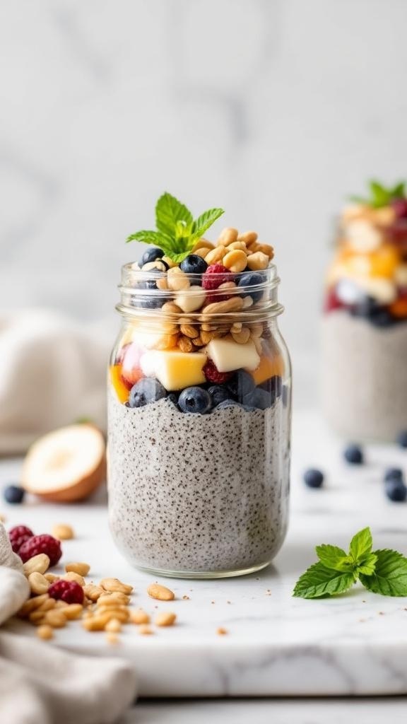 A jar of nutty chia seed pudding topped with fruits and nuts, showcasing a healthy and filling food option.