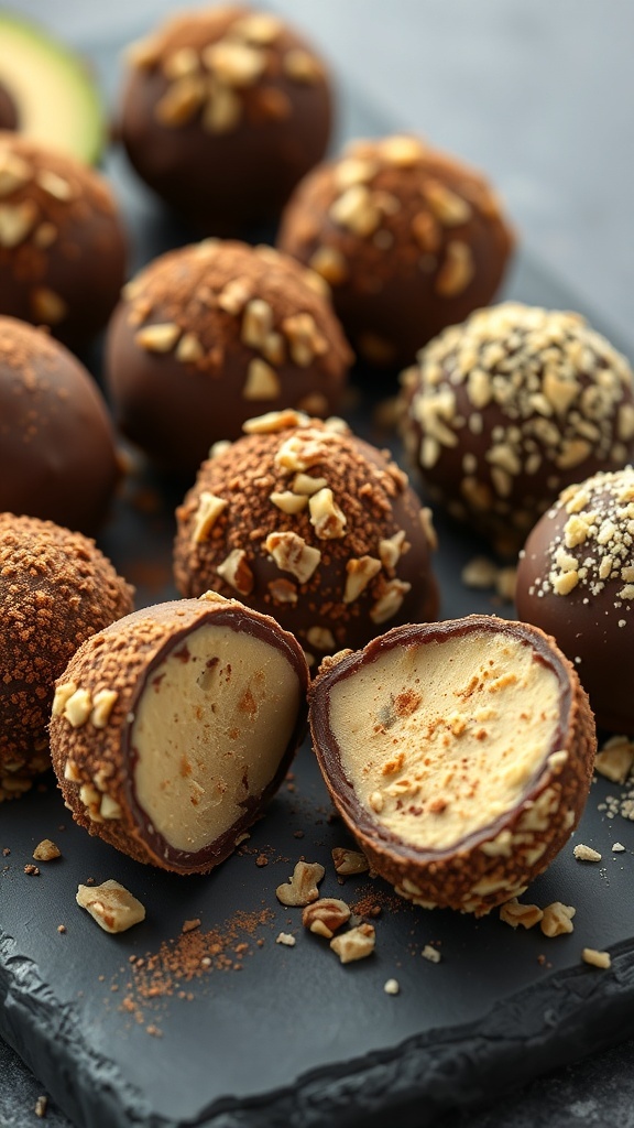 Nutty Chocolate Avocado Truffles on a slate board, some coated in nuts and others in cocoa powder, with one truffle cut in half to reveal its creamy interior.