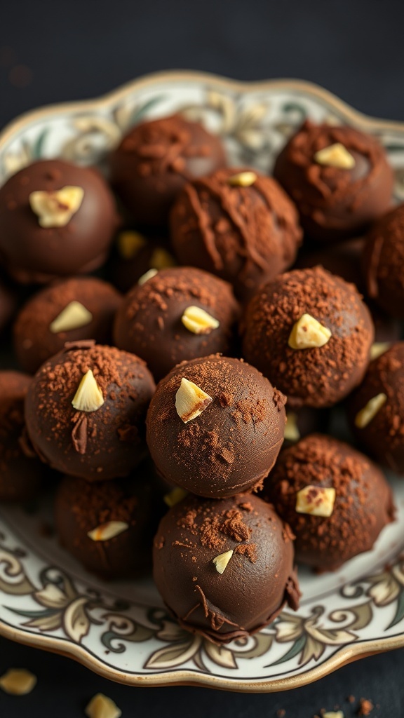 A platter of nutty chocolate avocado truffles, dusted with cocoa powder and topped with chopped nuts.
