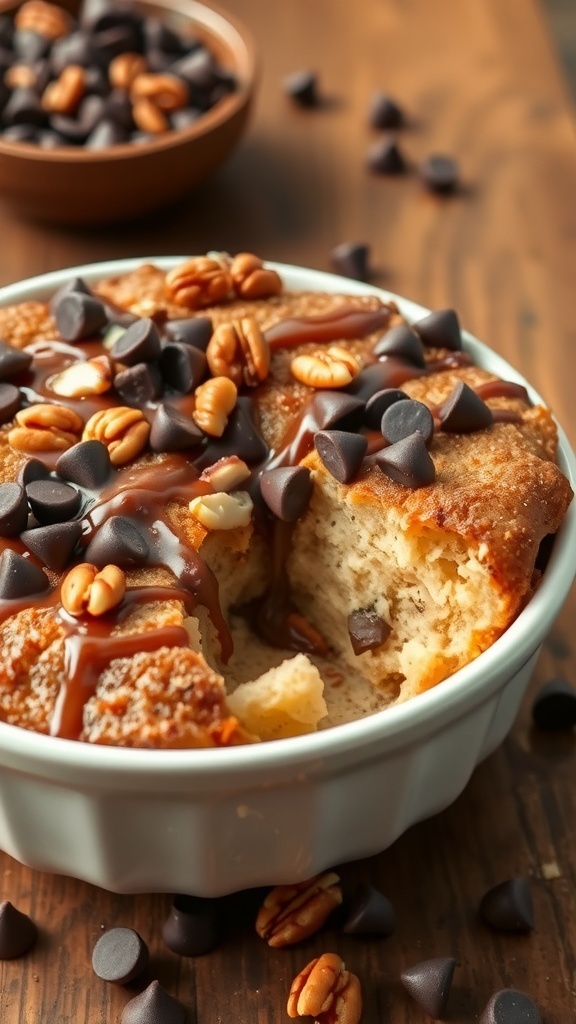 A bowl of nutty chocolate chip protein bread pudding topped with chocolate chips and pecans.