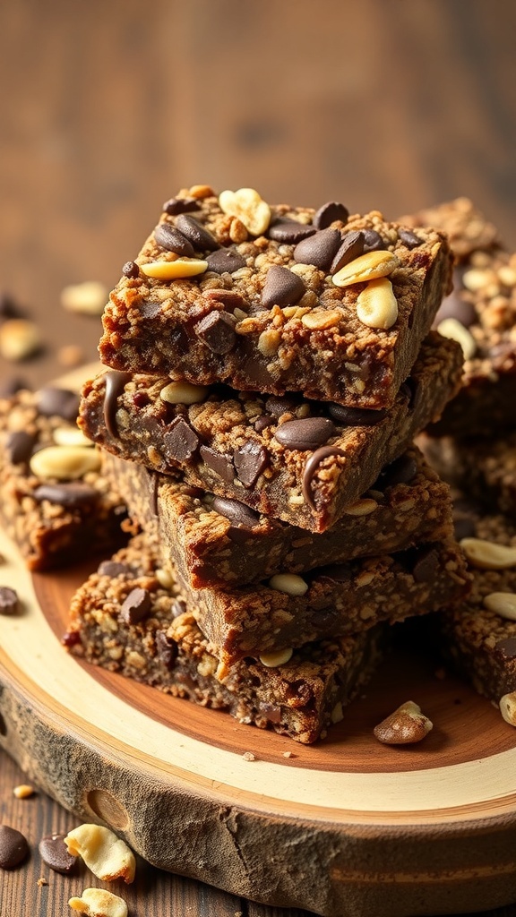 Nutty chocolate granola bars stacked on a wooden plate, topped with chocolate chips and nuts.