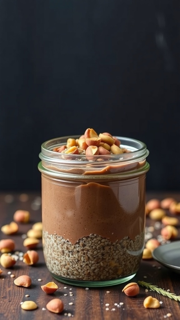 Nutty Chocolate Hazelnut Chia Seed Pudding in a jar with hazelnuts on top