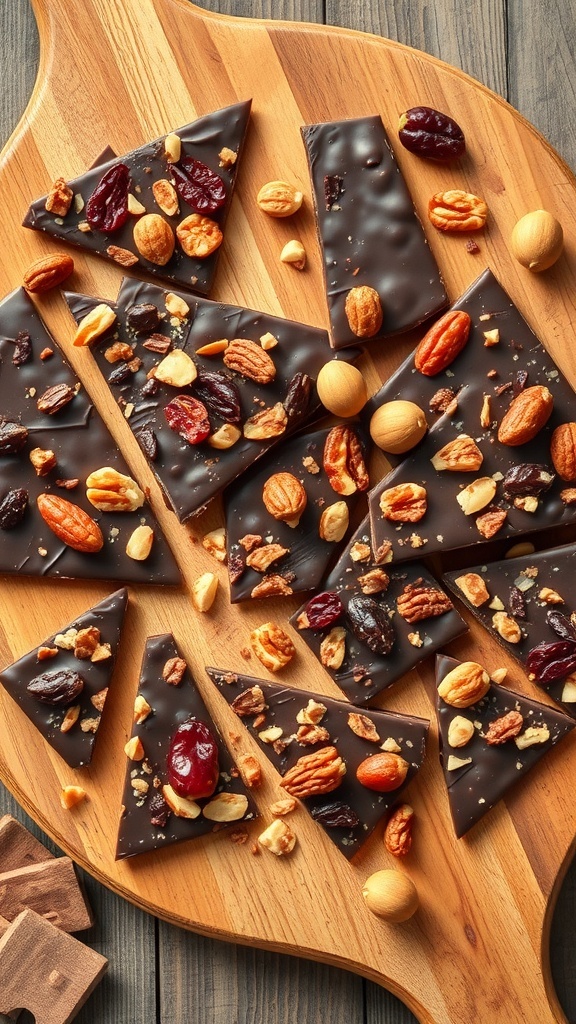 Nutty dark chocolate bark with mixed nuts and dried fruits on a wooden board.