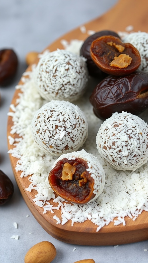 Nutty Date and Coconut Rolls on a wooden platter, some rolls are cut open to show the filling.