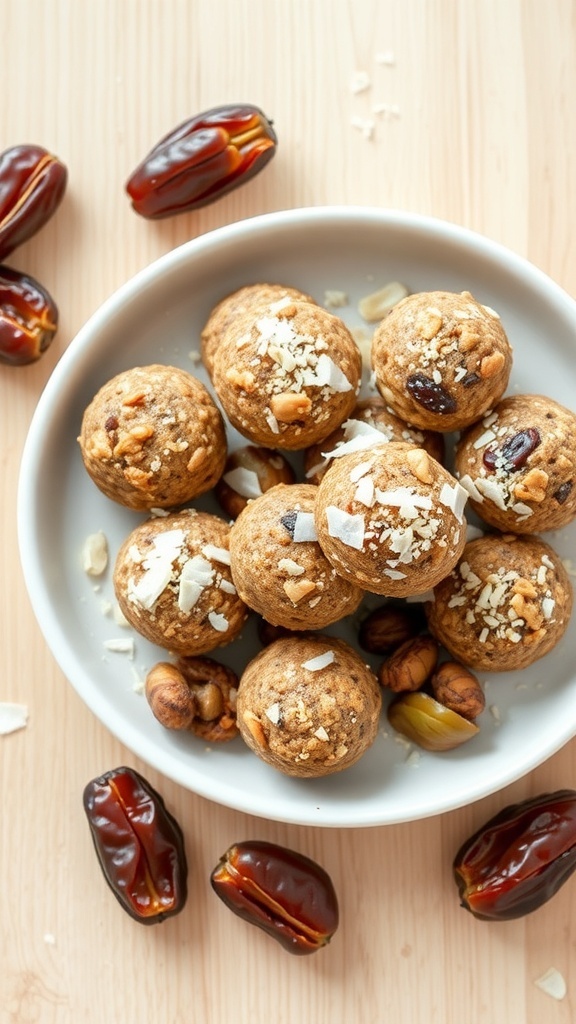 A bowl of Nutty Date Energy Bites surrounded by fresh dates and nuts.