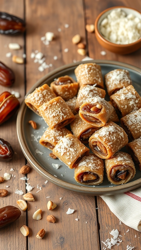 Nutty date rolls on a plate with nuts and coconut flakes