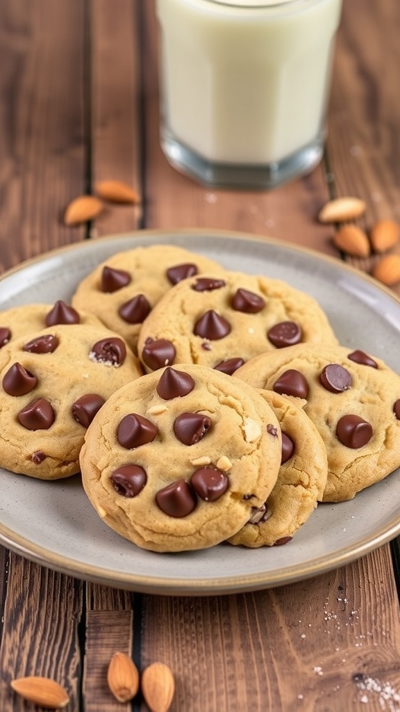 Plate of chocolate chip cookies made with almond butter, accompanied by a glass of milk.