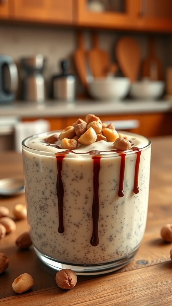 A glass of hazelnut chia seed pudding topped with hazelnuts and chocolate syrup, set in a cozy kitchen.
