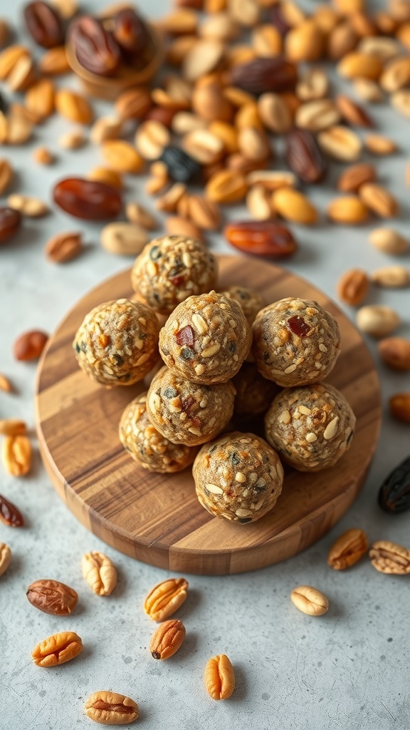 Nutty energy bites on a wooden board surrounded by various nuts.