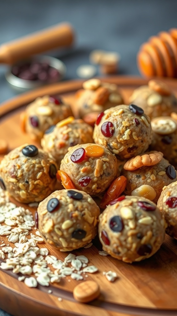 A plate of nutty energy bites made with oats, nuts, and dried fruits.