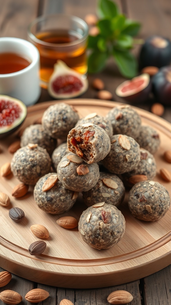 Nutty Fig and Almond Energy Bites arranged on a wooden platter with almonds and figs