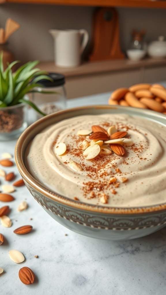 A bowl of almond butter chia pudding topped with sliced almonds and cinnamon, surrounded by scattered almonds and cookies.