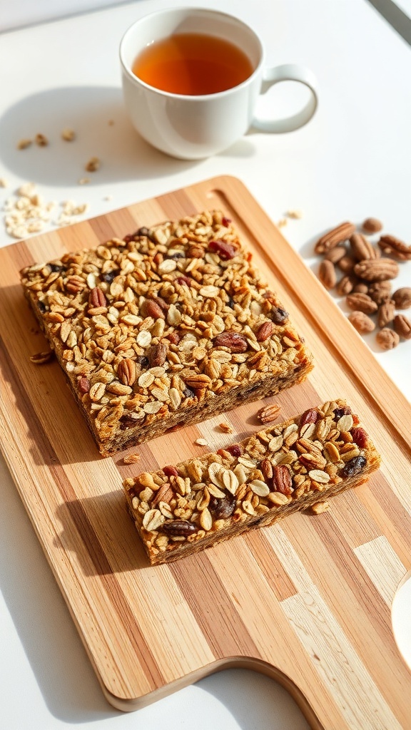 Nutty granola bars on a wooden cutting board with a cup of tea