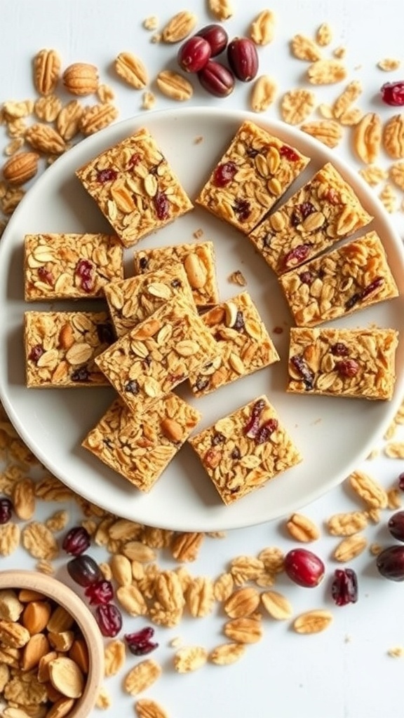 Nutty granola bars arranged on a plate with scattered nuts and dried fruits around them.
