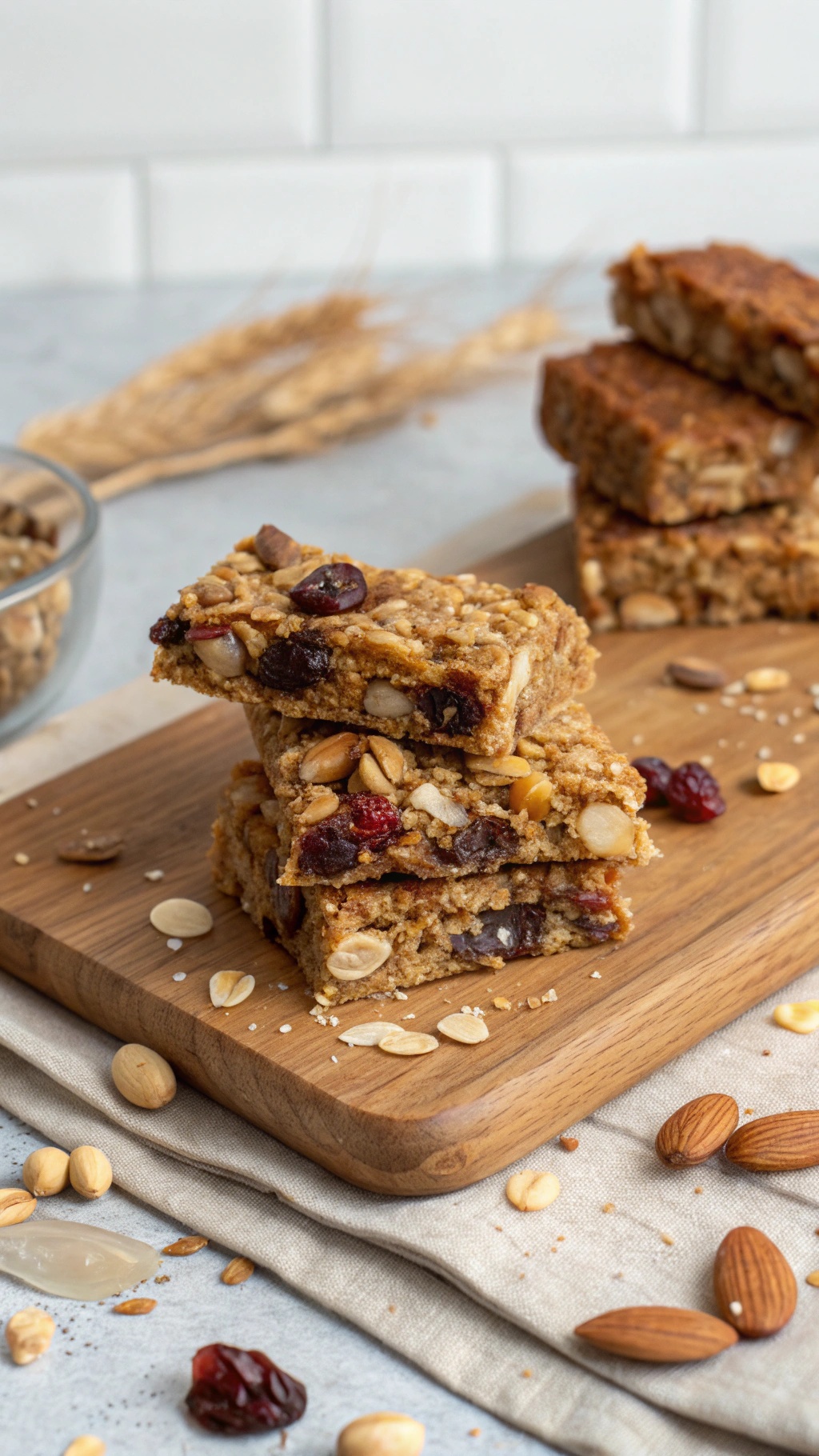 Nutty granola bars stacked on a wooden board with nuts and oats scattered around.