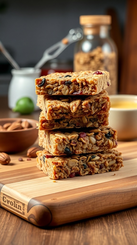 A stack of nutty granola bars on a wooden cutting board, with nuts and dried fruits scattered around.