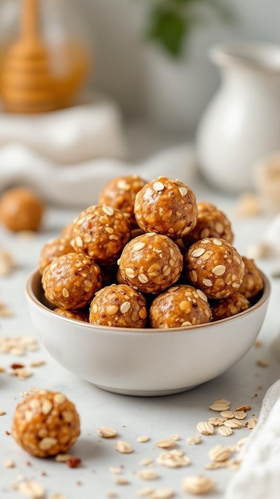 A bowl filled with nutty granola energy bites, surrounded by scattered oats.
