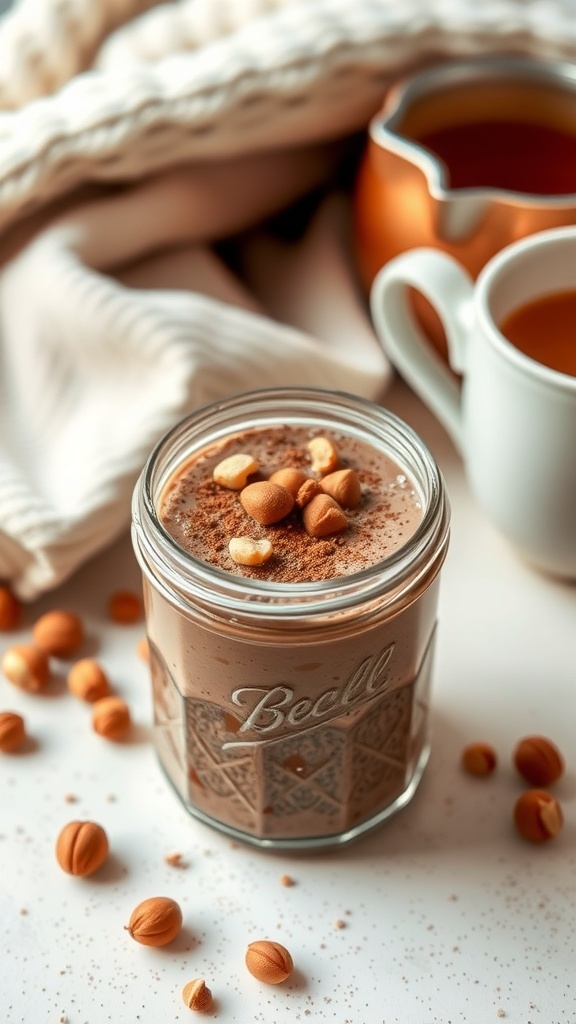 A jar of Nutty Hazelnut Chocolate Chia Pudding topped with hazelnuts, surrounded by cozy elements.