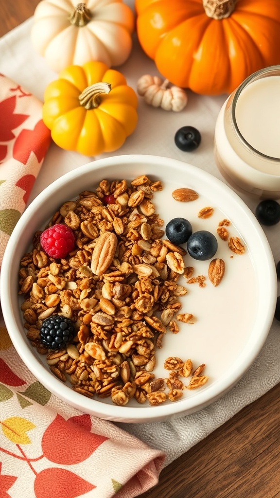 A bowl of nutty keto pumpkin granola topped with berries, surrounded by mini pumpkins and a glass of milk.