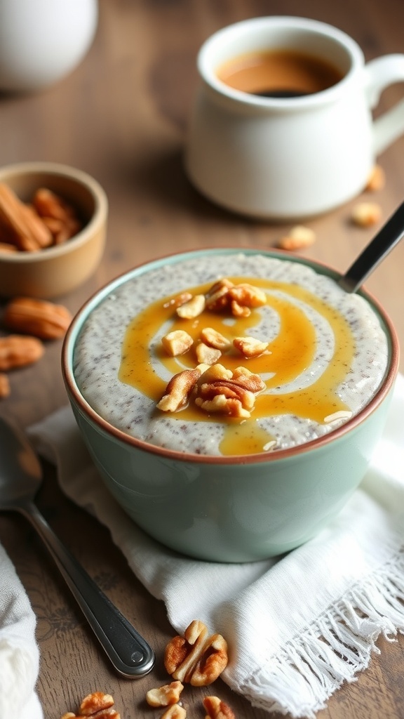 Nutty Maple Cinnamon Chia Treat in a bowl topped with walnuts and maple syrup
