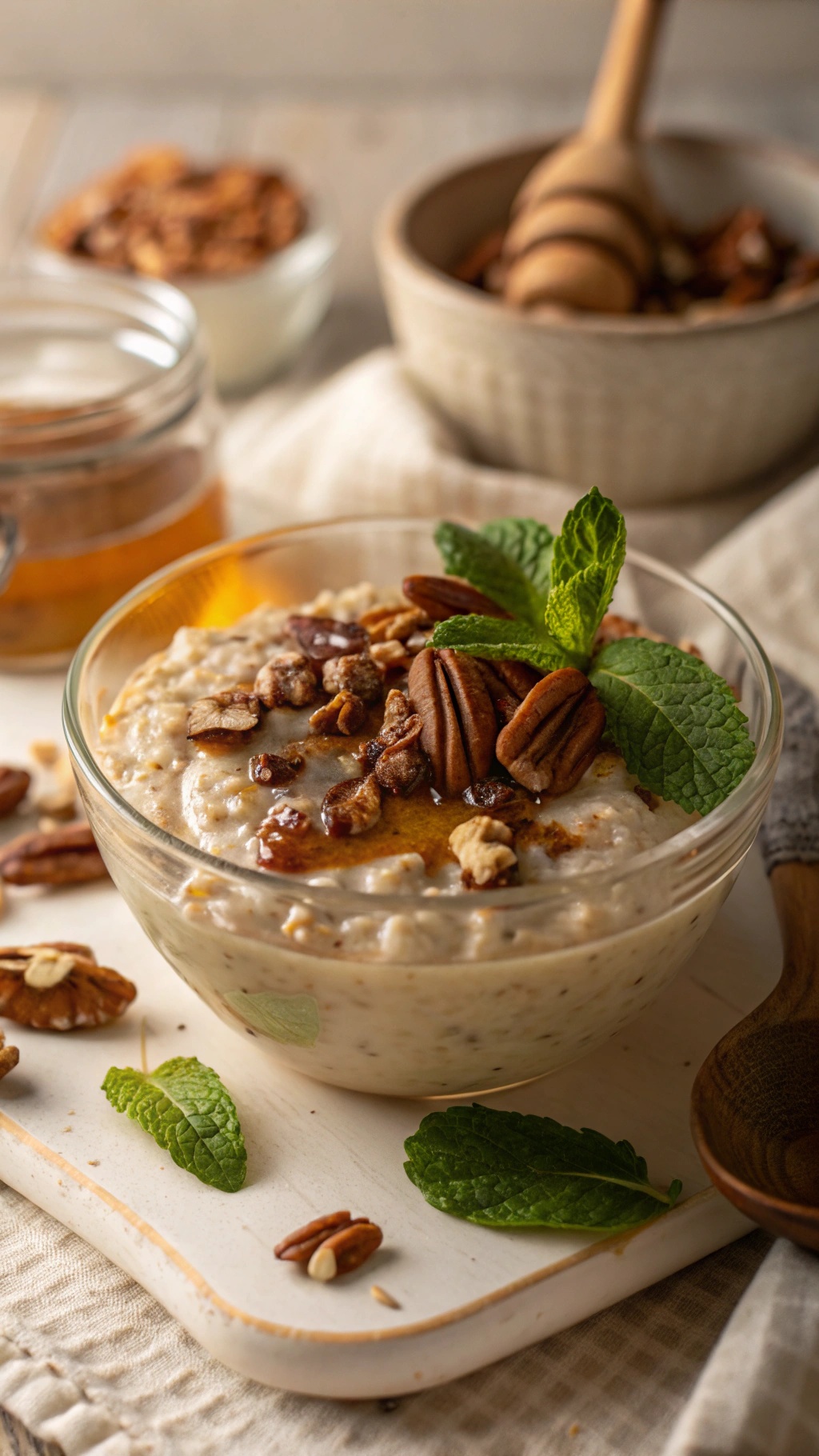 A bowl of overnight oats topped with pecans and mint leaves, with honey and nuts in the background.