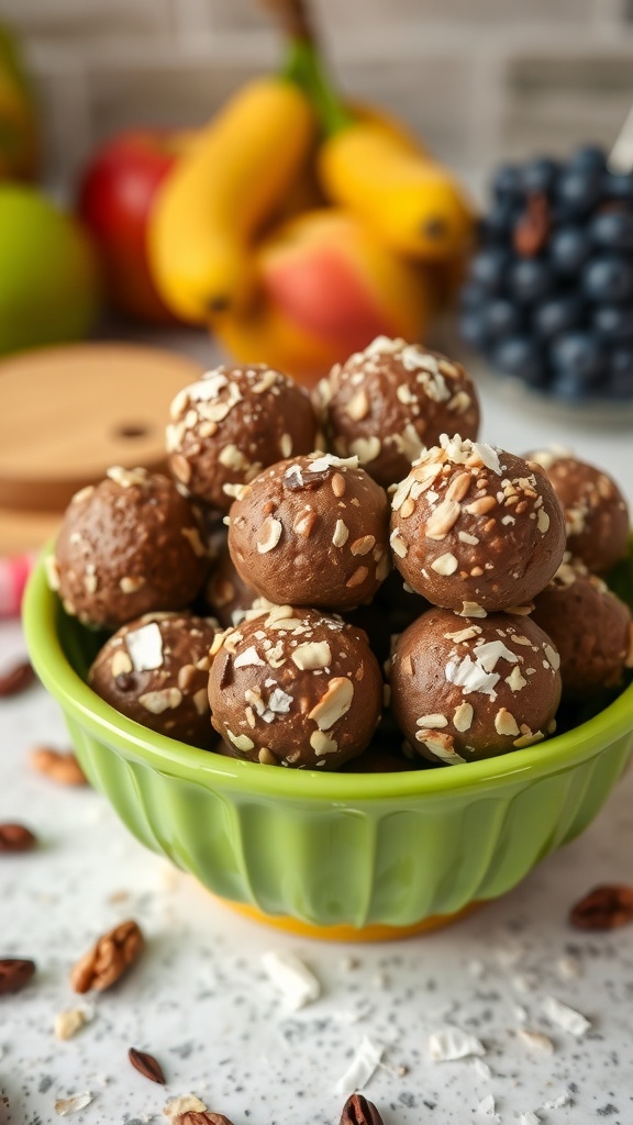 A bowl of Nutty No-Bake Chocolate Energy Bites, surrounded by fresh fruits.