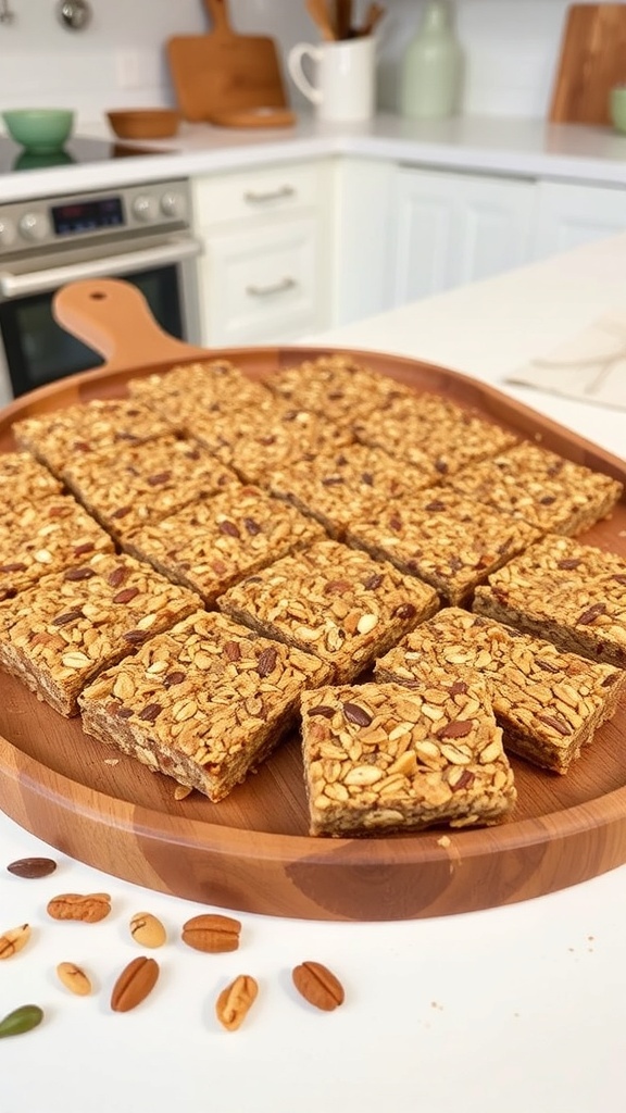 A wooden tray filled with neatly cut nutty no-bake granola bars, surrounded by scattered nuts.