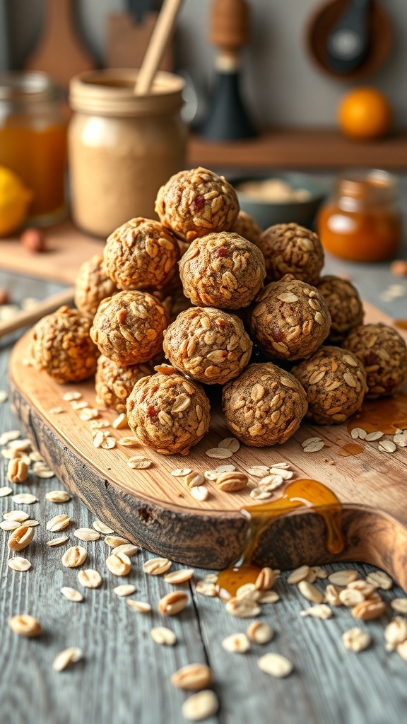 A wooden board with a pile of nutty oatmeal protein balls, surrounded by scattered oats and honey.