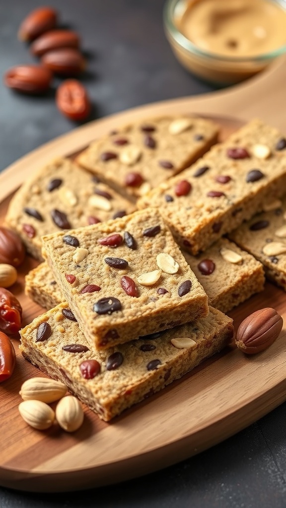 Nutty peanut butter and date energy bars stacked on a wooden platter with nuts and a bowl of peanut butter